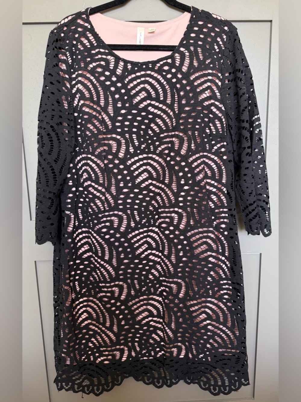 Tacera Black Crochet Overlay Dress with Pink Slip